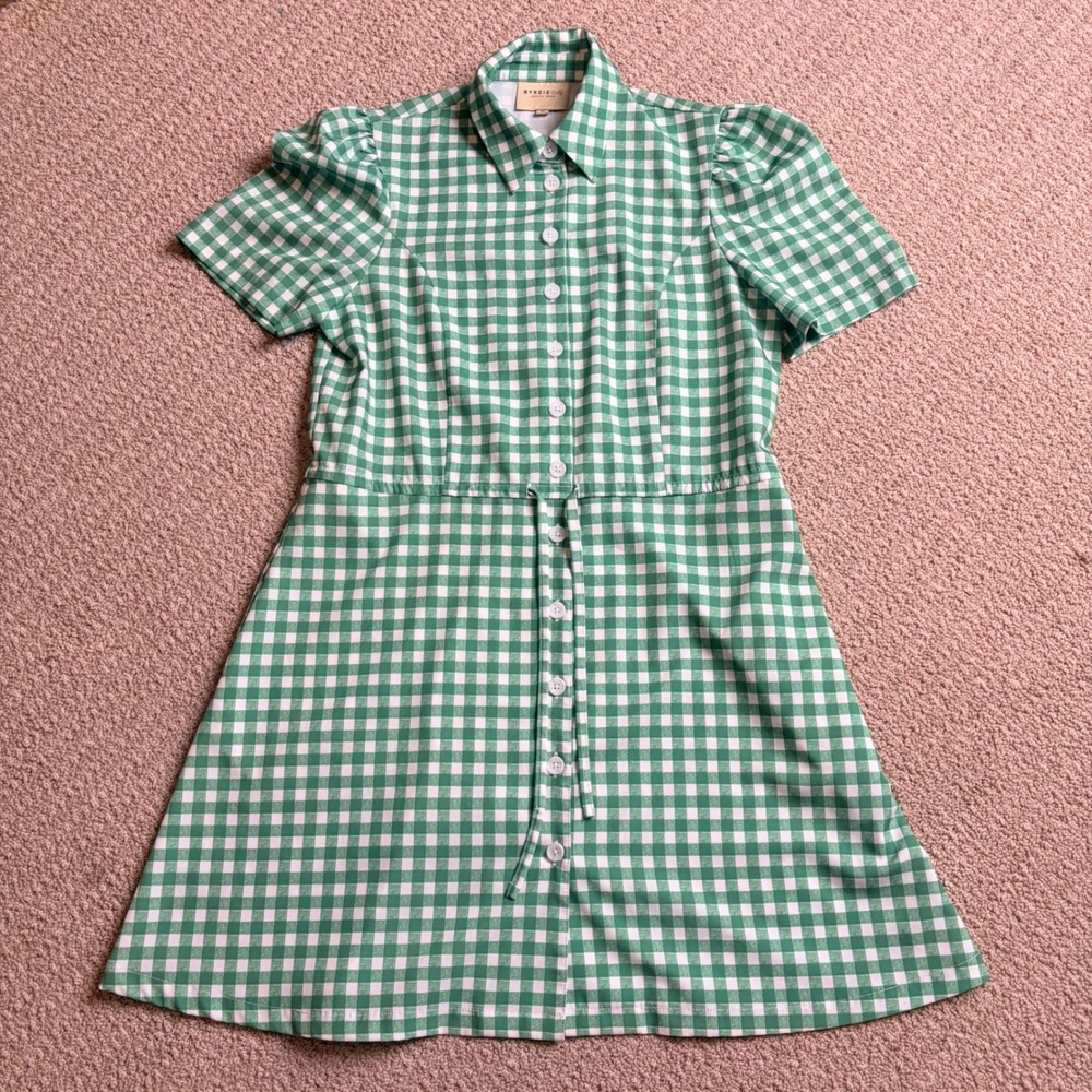 Byrdie Golf Social Wear Green Gingham Button Front Dress Size M READ